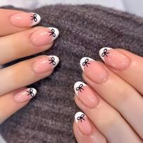 24Pcs Short Round Press On Nails Nude Base With White French Tips And Black Bowknot Print Stick On False Nails black