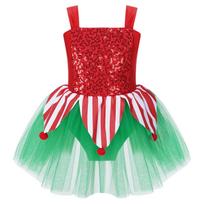 Girls Christmas Jumpsuit Shiny Sleeveless Design Jagged Pompoms Tulle Skirt Costume Cosplay Dance Wear 5-6 Years raudona