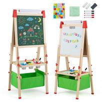 Vaikiškas piešimo molbertas, dvipusis magnetinis, reguliuojamo aukščio, natūralios medienos spalvos ir žalias, 44 x 40 x 102–126 cm