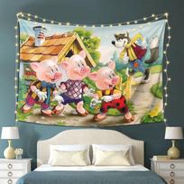Trys paršeliai Didysis piktasis vilkas Pasaka Animacinis filmas Gobelenas Fonas Kabantis audinys Vaikų kambario dekoracija 100X70CM white