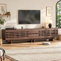 Moderni TV spintelė, žema spintelė televizoriams iki 80 colių, 4 atidaromos durelės, 2 stalčiai, 6 skyriai, svetainei, miegamajam, riešuto spalvos, 200x39.5x55cm 200 x 39.5 x 55 cm