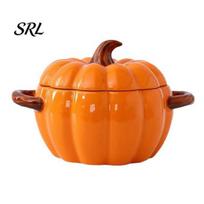 Modern Ceramic Soup Crock Dutch Oven Pot with Lid, Pumpkin Pottery Dessert Saucepan, Double-Ear Mini Decorative Kitchen Tableware Baking Dish, S orange
