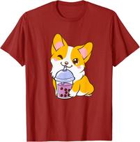 Kawaii Corgi Drinking Boba Tea Cute Dog Lover Graphic Tee Casual Short Sleeve T-Shirt S brown