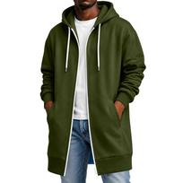 Men's Long Sleeve Longline Hooded Jacket with Double Zipper and Pockets L armijos žalia spalva