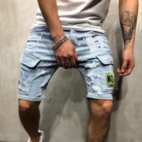 Men's Fashion Denim Shorts Personality Casual Hole Embroidery Pattern Trend Stretch Jeans XXL gray