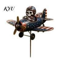 Unique Cemetery Decoration Metal Skeleton Pilot Airplane Wind Spinner with Ground Stake, Vintage American Flag Garden Halloween Stake Yard Rustic Iron 1pc black