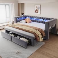 Apmuštas miegamasis sofa-lova 90/180 × 190 cm, su ištraukiama lova ir stalčiais, laikymo skyreliais, LED apšvietimu, USB ir C tipo jungtimis, tamsiai pilkos spalvos aksomo audinys 210 x 109 x 80 cm pilka