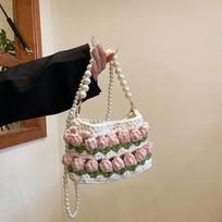 Tulip handmade DIY woven bag, cloth strip material bag, homemade pearl portable messenger bag, gift for girlfriend black