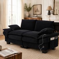 Modulinė veliūrinė dvivietė sofa su plačia sėdimąja dalimi, ergonomiško dizaino, didelio tankio putplasčio užpildu, USB-C prievadu. Idealiai tinka svetainei. Juoda 190 x 73 x 84 cm juoda