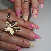 24Pcs 3D Pink Flower Almond Press On Nails With Yellow French Tip Diamonds Reusable Fake Nails With Glue brown