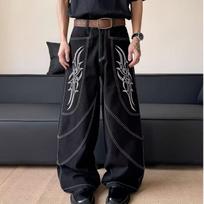 Men Loose Flame Embroidery Washed Straight Leg Denim Casual Jeans S juoda