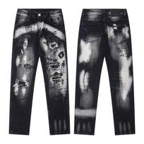 New Style Three-Point Mens Patchwork Hollow Out Mesh Letter Denim Jeans Trendy Personalized Fitness Elastic Slim-Fit Long Pants 28 juoda