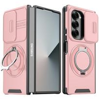 Skirta Samsung Galaxy Z Fold 7 Z Fold 6 prabangi apsauginė nugarėlė su objektyvo slankikliu, magnetinio įkrovimo dėklas, žiedo laikiklis, sulankstomas apsauginis dėklas For Z Fold 6 rožinė