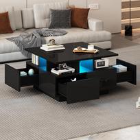 70*70*40cm Arbatos staliukas, Aukšto blizgesio kavos staliukas su LED apšvietimu, Sofos staliukas su 4 stalčiais, Šoninis staliukas su geometriniu dizainu, Juodas, Keliamoji galia 30kg 70 x 70 x 40 cm juoda