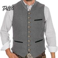 Retro vienaeilis liemenė vyrams Oktoberfest liemenė, Tradicinio kostiumo liemenė, Stovintis apykaklės sagomis užsegamas vyriškas slim fit gilet, Berankovė striukė S šviesiai pilka spalva