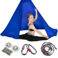 Inversinė gravitacinė bungee oro jogos hamakas su pakabinimo diržais namams ar studijai Lake Green 5*2.8m with Accessories blue