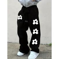 Men's Wide Leg Loose Print Sports Pants, Wide Leg Autumn and Winter Straight Leg Pants S black