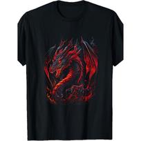 Men'S Black T-Shirt with Red Dragon Graphic Casual Short Sleeve, Vibrant Fiery Dragon Artwork, Machine Washable, All-Season, Crew Neck, Slight S juoda