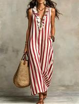 Summer new bohemian vertical striped V-neck fungus edge pocket sleeveless dress long dress S raudona