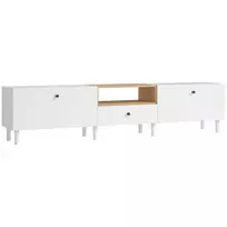 200 cm TV spintelė televizoriams iki 90 colių, 2 atidaromi skyriai, atviras skyrius, stalčius, 8 kojelės, MDP, balta