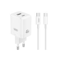 XO sieninis įkroviklis CE36 PD 45W 1x USB-C 1x USB baltas + laidas USB-C – USB-C