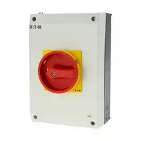 Eaton P3-63/I4/SVB 3 polių pagrindinis jungiklis su avarinio stabdymo funkcija, 63 A, montuojamas ant paviršiaus, pilkas/raudonas