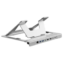 Conceptronic DONN35S Laptop stovas su 7-in-1 USB-C doko stotele, Dual HDMI 4K60Hz, GbE, USB-C 5Gbps, 2x USB-A, 100W PD, sidabrinis
