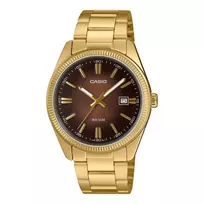 Casio MTP1302PGC5AV analoginis vyriškas laikrodis su nerūdijančio plieno korpusu, rudu ciferblatu ir rožinio aukso apdaila