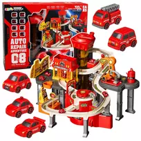 LEAN TOYS Interaktyvus automobilių parkavimo ir plovimo žaidimų centras su 8 automobiliais – Ugnies gelbėtojų stotis