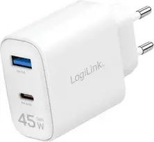 LogiLink 45W GaN USB sieninis įkroviklis, 1x USB-C PD, 1x USB-A QC, baltas, euro kištukas (PA0410)