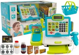 LEAN TOYS Vaikiška elektroninė kasos aparatas su krepšeliu – mėlyna, veikiantis skaičiuotuvas, šviesa ir garsas, 25 priedai, nuo 3 metų