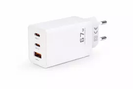 Voltage GaN 67W sieninis įkroviklis, 2x USB-C ir 1x USB-A, PD 3.0, QC 3.0, PPS, EU kištukas, baltas