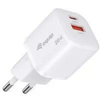 Equip 245526 2 prievadų USB-C PD3.0 / USB-A GaN 20W sieninis įkroviklis, baltas