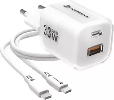 Forcell VT-41 GaN III 33W sieninis įkroviklis su 1x USB-C PD 3.0 ir 1x USB-A QC 4.0 (baltas)