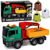 LEAN TOYS Šiukšliavežis su kranu, konteineriais, inercine pavara, šviesos ir garso efektais