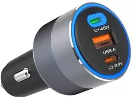 Forcell F-Energy 65 automobilinis įkroviklis 65W, 2x USB-C (PD 3.0) ir 1x USB-A (QC 4.0), pilka