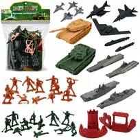 LEAN TOYS karinis rinkinys su kareiviais, transporto priemonėmis, laivais, naikintuvais ir baze – 54 vnt.