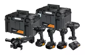DEWALT 18V XR belaidžių įrankių rinkinys: plaktinis gręžtuvas, atsuktuvas, kampinis šlifuoklis, diskinis pjūklas, darbinė lempa, 3x5.0Ah baterijos