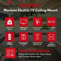 Maclean MC-176 T elektrinis TV laikiklis luboms su Tuya valdymu, VESA 200x200–800x400, 43–86 colių, 55 kg, juodas