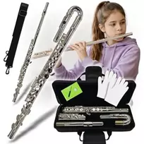 V-TONE SCF 16 skersinė fleita su lenktu galvutės vamzdeliu, C klavišas, sidabruota nikelio žalvario, uždara sistema, Split E mechanizmas, pradedančiųjų fleita su dėklu ir aksesuarais