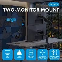 ERGO OFFICE ER-692 B – Dvigubo monitoriaus laikiklis su dujine spyruokle, tinka 17–32 inch, 1–10 kg vienai rankai, matinė juoda