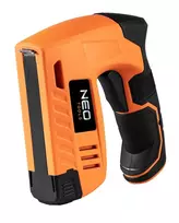 NEO Tools 16-050 Rankinis kabių pistoletas apmušalams, izoliacijai ir dekoratyviniams darbams, reguliuojama jėga, J tipo kabės 6-14 mm, juoda/oranžinė
