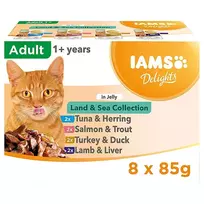 IAMS Delights Land & Sea Collection drebučiuose, šlapias maistas katėms, 8 x 85 g