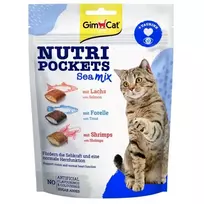 GimCat Nutri Pockets Sea Mix kačių skanėstai – traškios pagalvėlės su lašišos, menkės ir upėtakio įdaru, 150 g