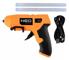 NEO Tools 17-083 20W karštų klijų pistoletas su apsauga nuo varvėjimo, 11 mm klijų lazdelėms, įmontuotas stovas, 230 V, oranžinis/juodas