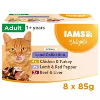 EUKANUBA IAMS Delights Land Collection in Gravy šlapias kačių maistas, 8 x 85g maišeliai (vištiena, jautiena, ėriena)