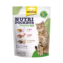 GimCat Nutri Pockets Country Mix kačių skanėstai 150g – traškūs kąsneliai su paukštiena, jautiena ir ėriena, praturtinti taurinu ir vitaminais