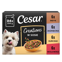 Cesar Creations 24×100 g Jautiena su morkomis, Vištiena su žirneliais, Ėriena su daržovėmis ir Kalakutiena su morkomis padaže