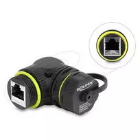 Delock RJ45 Movėja Cat.6 Moteriška į Moterišką su M23 x 1.5 mm Sriegiu ir Apsauginiu Dangteliu, 90° Kampu, IP68, Juoda