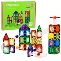 LEAN TOYS Magnetinių konstrukcinių blokelių rinkinys su takeliu, STEM kamuoliukais ir dinozaurais – 92 dalys